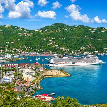 A cruise ship docked in a vibrant coastal town with green hills.