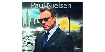 Paul Nielsen in a sharp suit with sunglasses, standing in a dystopian cityscape.