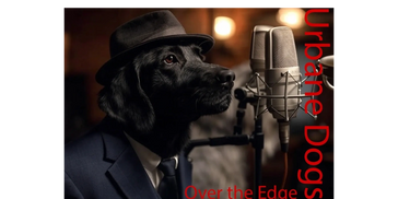Black dog in a suit and hat speaking into a microphone.