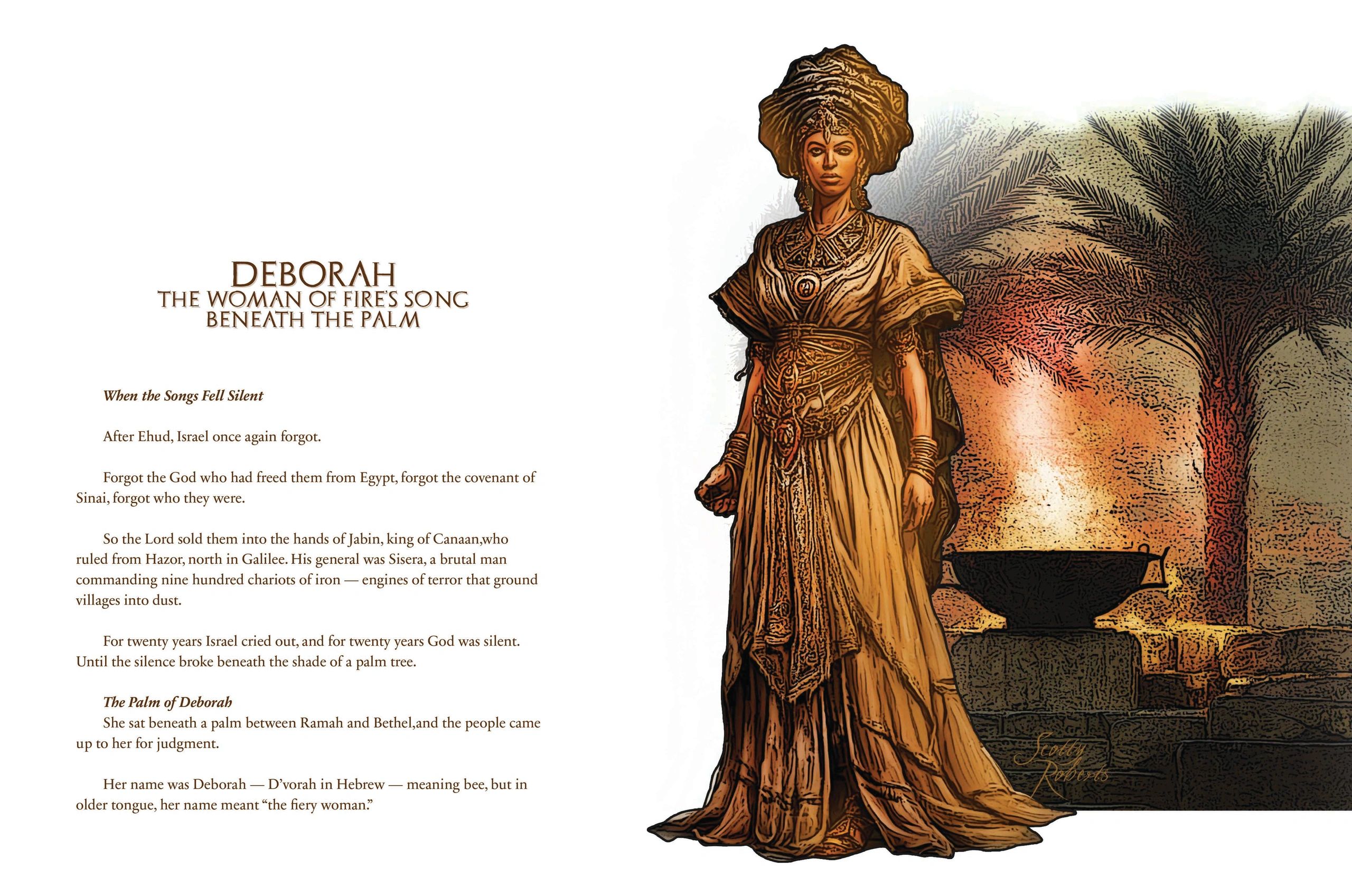 Illustration of Deborah, the fiery woman beneath the palm, with biblical text.