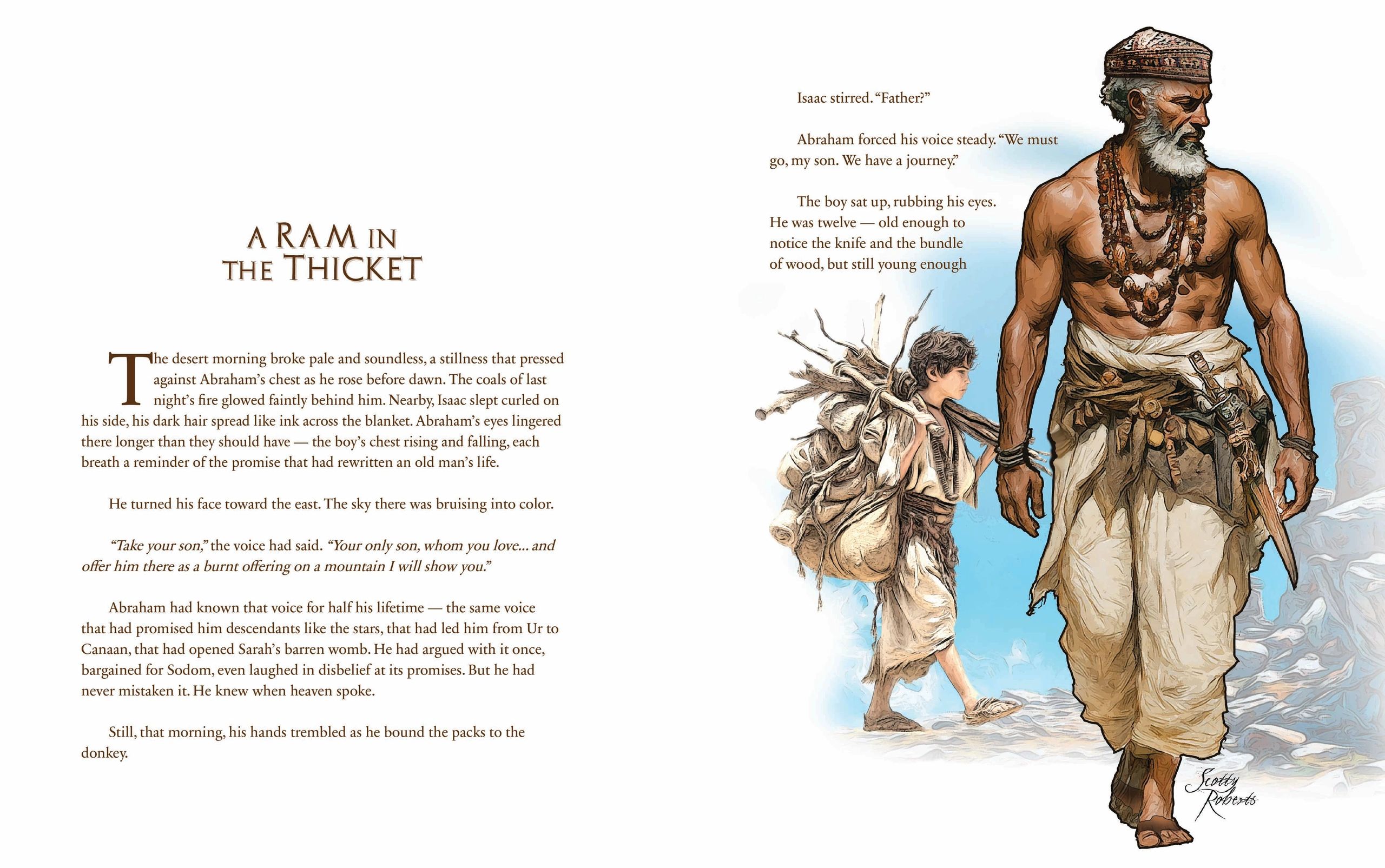 Illustration of Abraham and Isaac preparing for a journey with a heartfelt story excerpt.