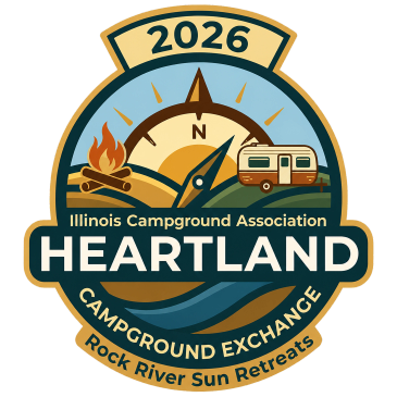 2026 Heartland campground exchange badge with camping and RV icons.