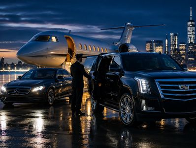 A luxury private jet and cars at night with a chauffeur.