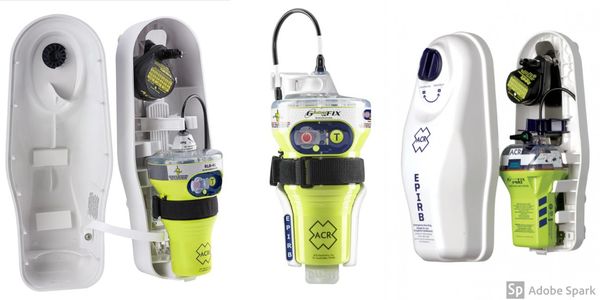 Various views of handheld emergency locator beacons in white and yellow.