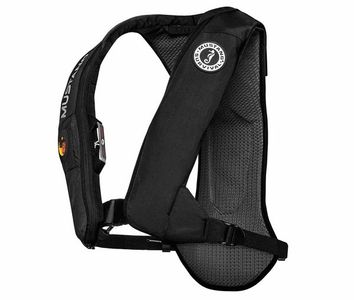 Black rescue airbag vest with straps and logo.