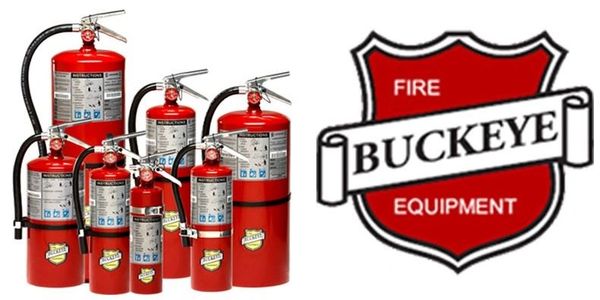 Various sizes of red fire extinguishers with Buckeye Fire Equipment logo.