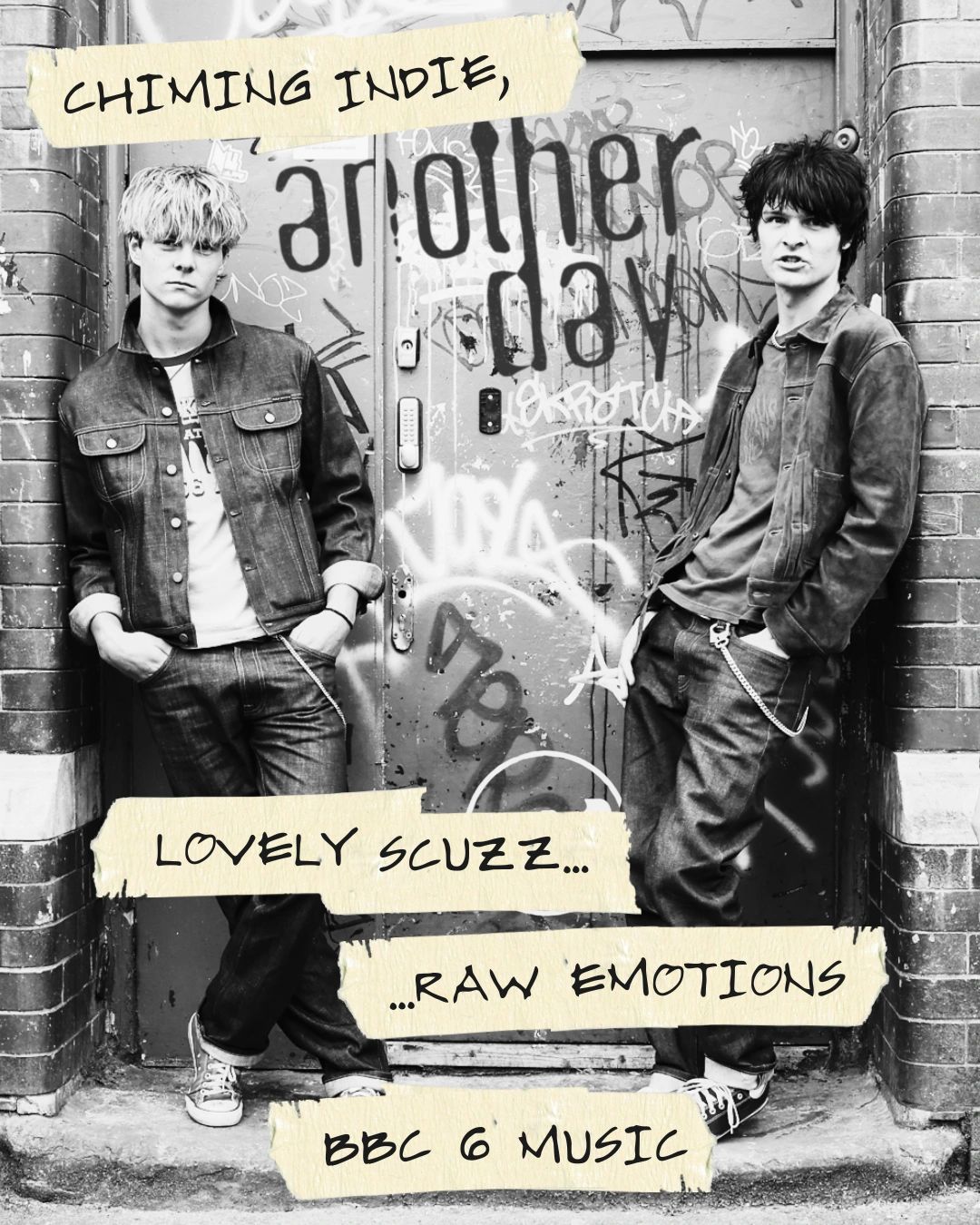Two indie musicians pose coolly against a graffiti-covered door with bold text about their music.