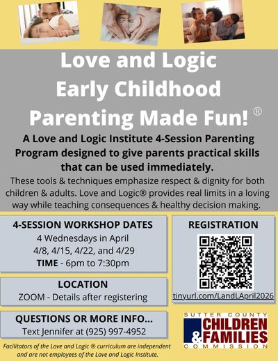 Flyer for a 4-session Love and Logic parenting workshop in April via Zoom.