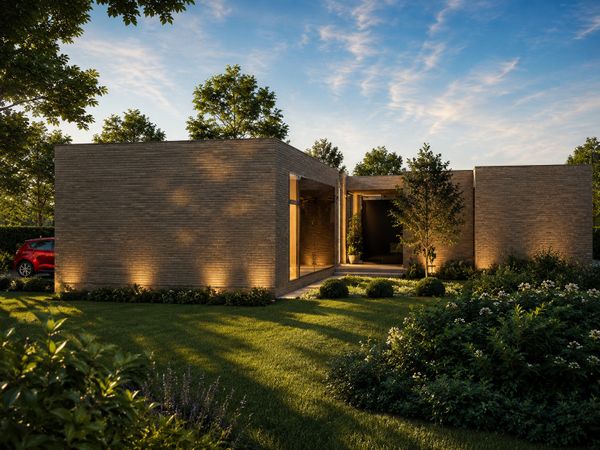 Modern brick house with warm exterior lighting in a lush garden at dusk.
