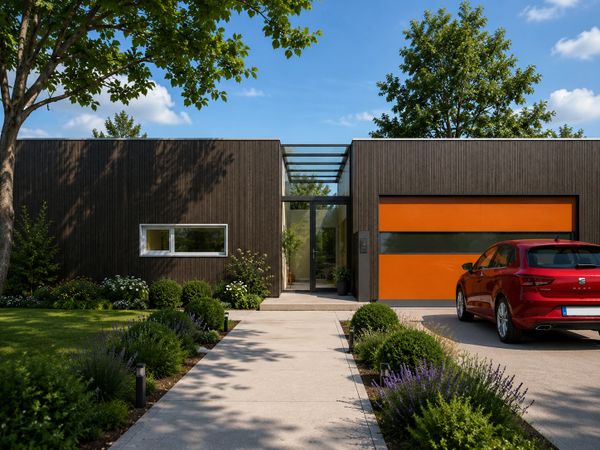 Modern house with dark wood facade and bright orange garage door.
