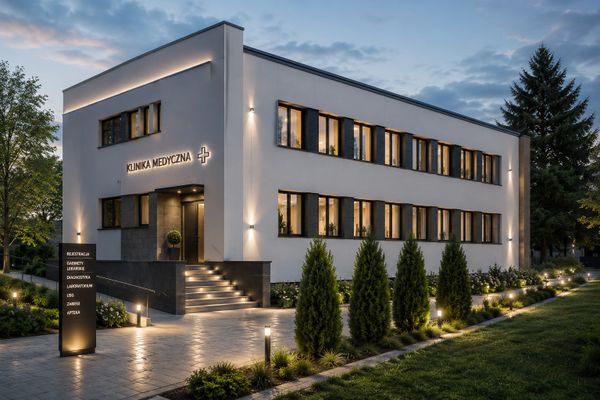 Modern medical clinic building illuminated at dusk with landscaping.