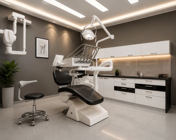 Modern dental clinic room with dental chair and equipment.