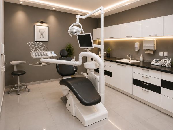 Modern dental clinic room with chair and equipment.