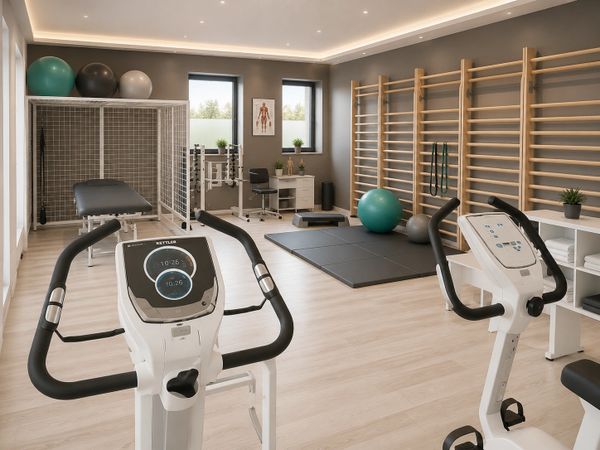 A modern physical therapy room with exercise bikes, mats, and therapy balls.