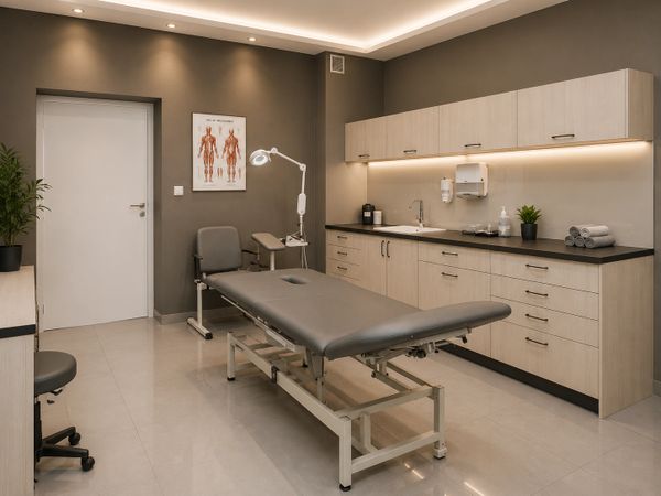 Modern medical examination room with treatment table and cabinets.