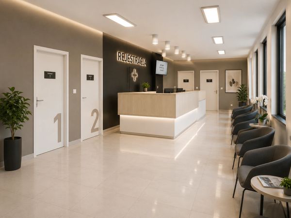 Modern medical reception area with numbered consultation rooms and seating.