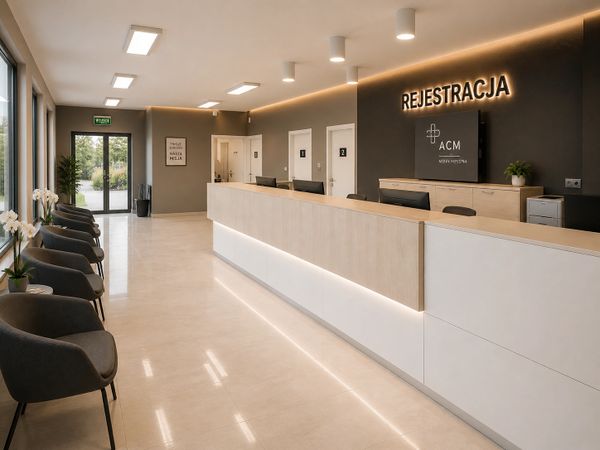 Modern and clean medical reception area with seating and registration desk.