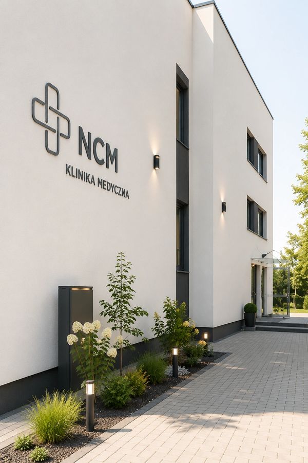Modern medical clinic exterior with clean design and landscaping.