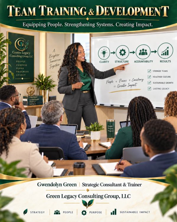 Businesswoman training a diverse team on clarity, structure, accountability, and results.