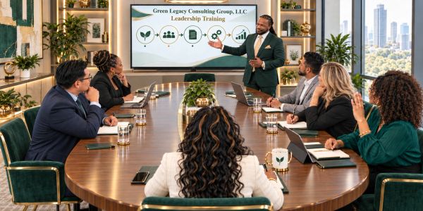 A professional leadership training session in a modern conference room.