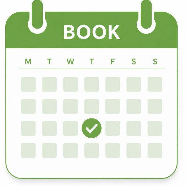 Green calendar with a checkmark on a date.