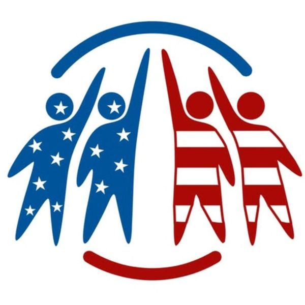 Blue and red figures with stars and stripes under a curved line.