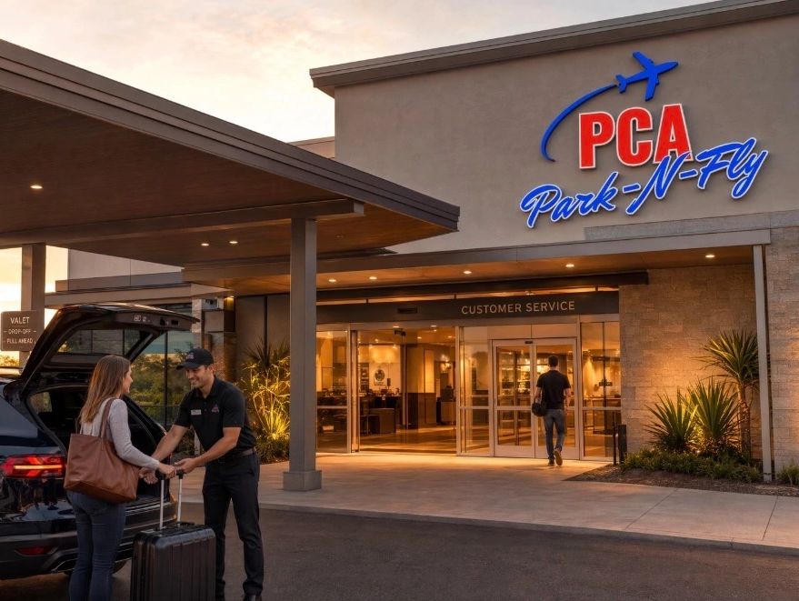 Klanten bij PCA Park-N-Fly klantenservice met bagage.
