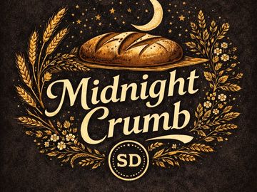 Logo of Midnight Crumb bakery with bread and a crescent moon.