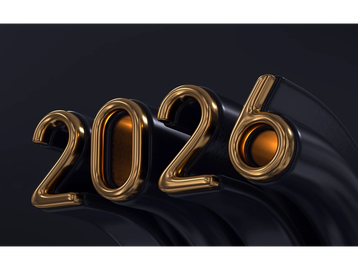 Golden numbers forming 2026 on a sleek black background.