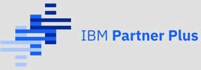 IBM Partner Plus logo featuring blue pixelated design.