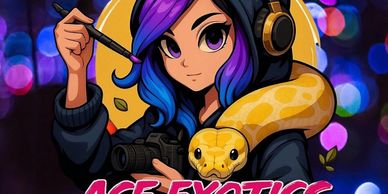 Digital art of a girl with purple-blue hair, headphones, and a yellow snake.