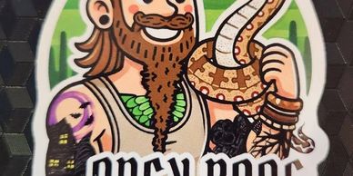 Colorful cartoon-style sticker of a bearded man holding a snake with a green background.