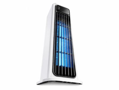 Modern white tower fan with blue light and black grille.