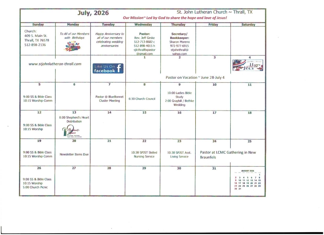 July 2026 calendar for St. John Lutheran Church in Thrall, TX, with worship and community events.