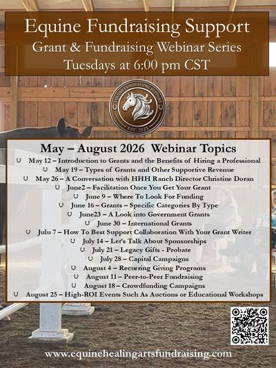 Webinar series on equine fundraising support covering grants and fundraising topics from May to August 2026.