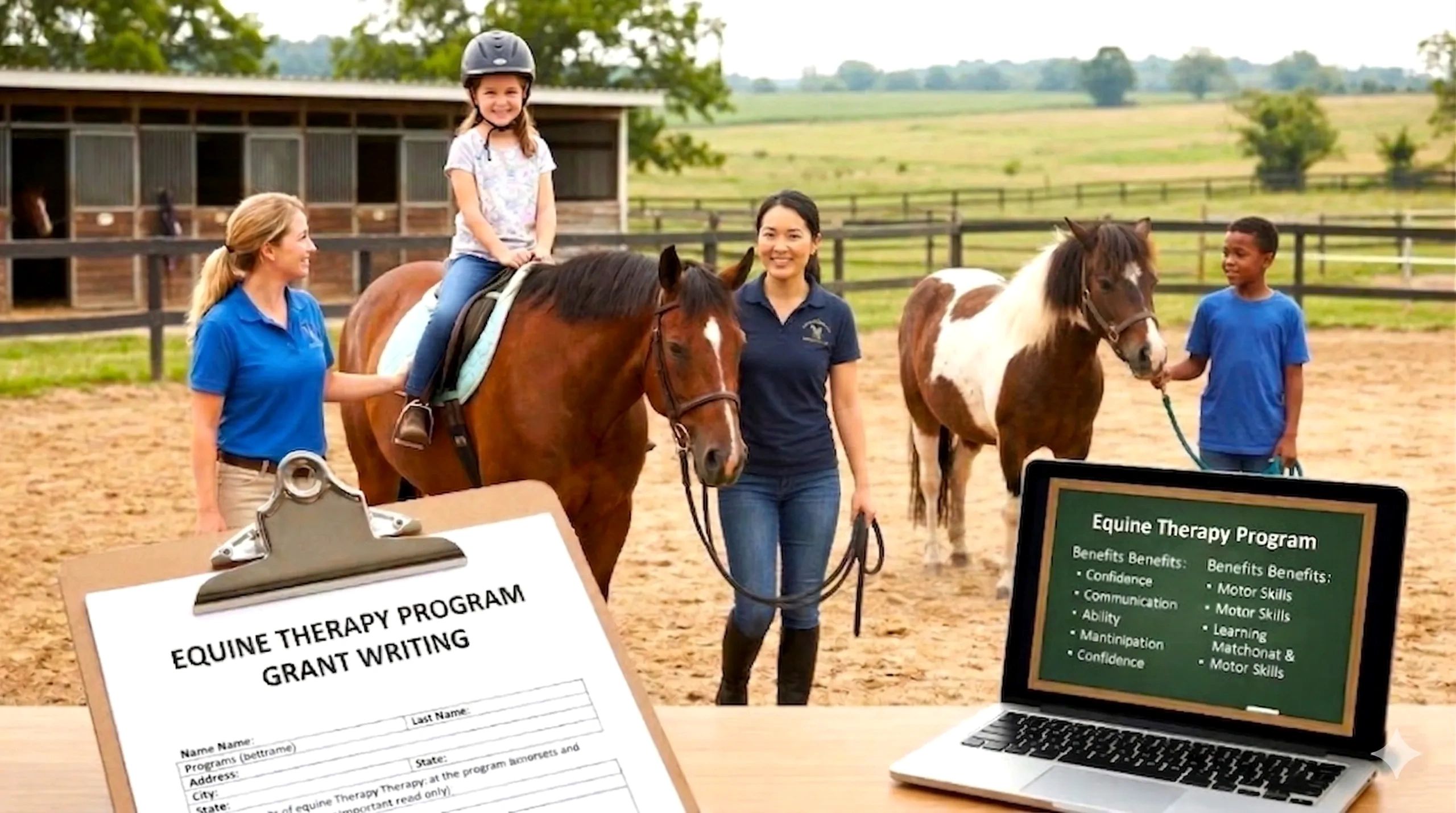 Children participating in equine therapy with instructors on a farm.