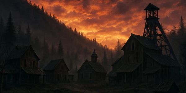 Dark village silhouettes against a fiery sunset sky.