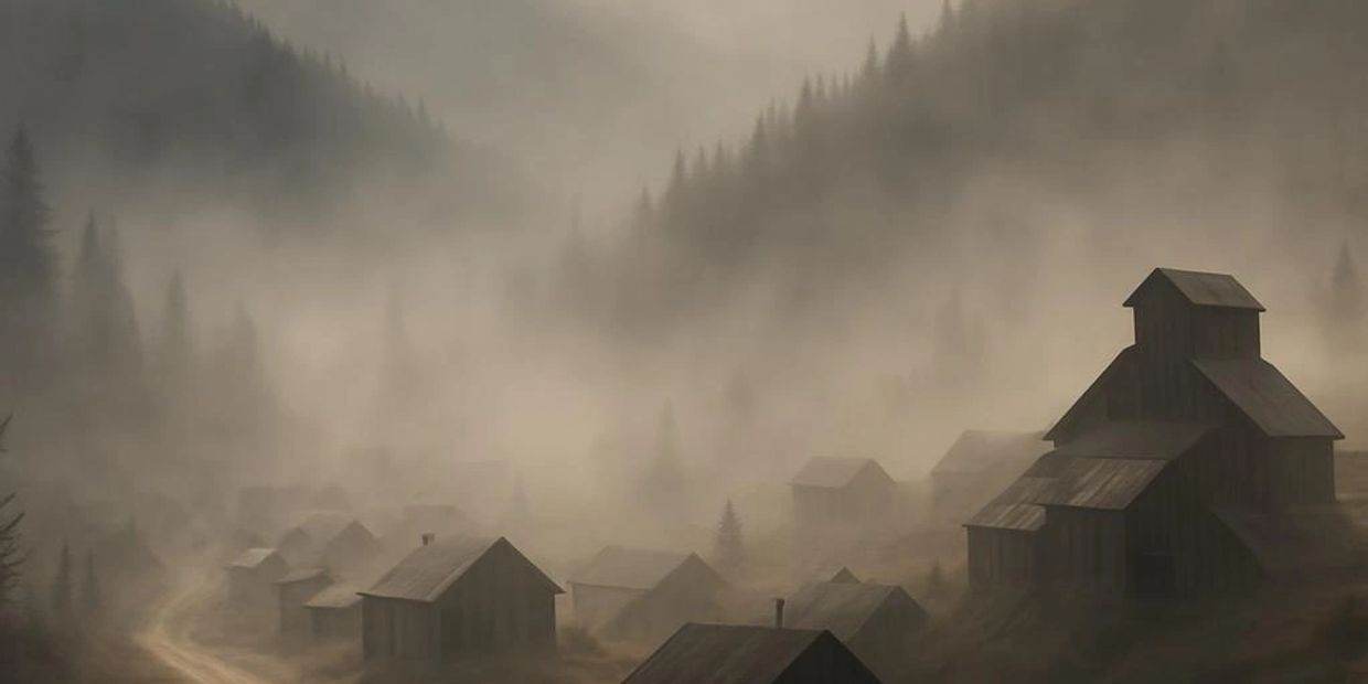 Foggy valley village with rustic wooden houses and winding dirt road.