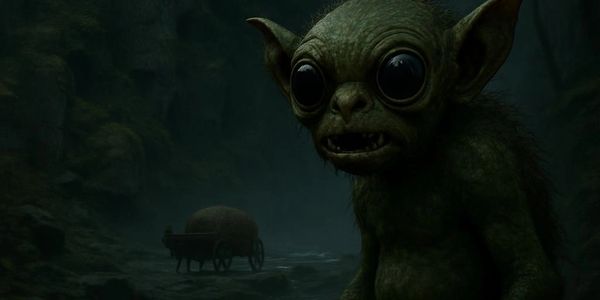 A mysterious creature with large eyes in a dark forest next to a stream.