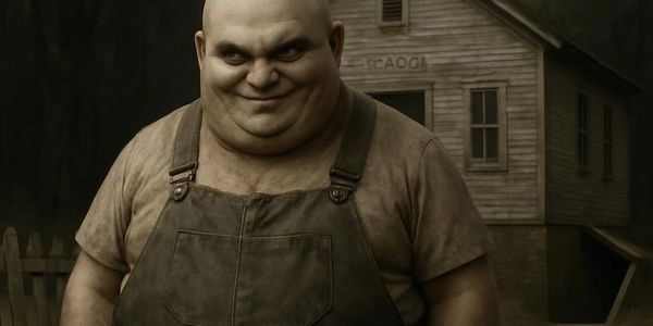 A menacing bald man in overalls stands in front of an old schoolhouse at dusk.