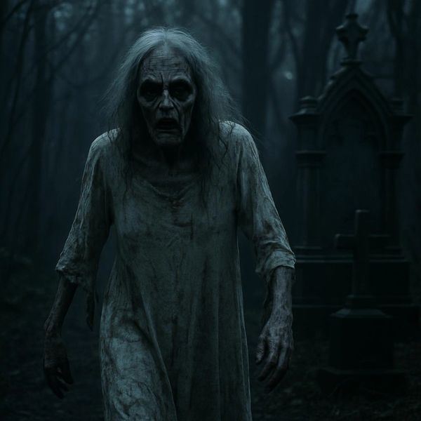 A terrifying ghostly figure with pale skin and long hair emerges in a dark forest graveyard.