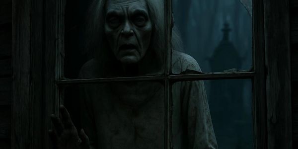 A terrifying ghostly figure peers through a broken window at night.