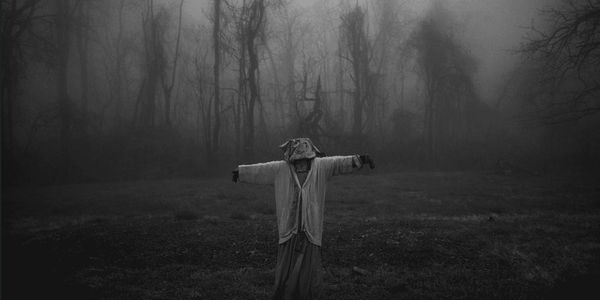 Eerie scarecrow standing in a foggy, dark forest clearing.