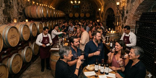 People enjoying a wine tasting event in a cozy cellar with barrels.