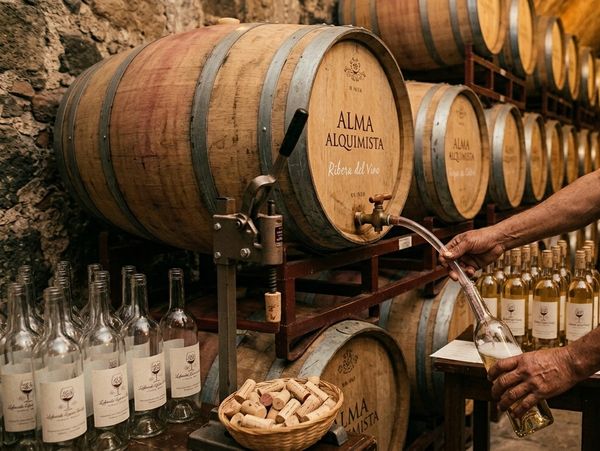 Man filling a wine bottle from a wooden barrel in a cellar.