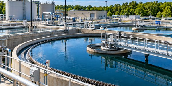 Large circular tanks in a water treatment facility.
