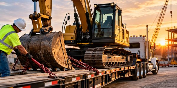 Worker securing excavator on truck at sunset.