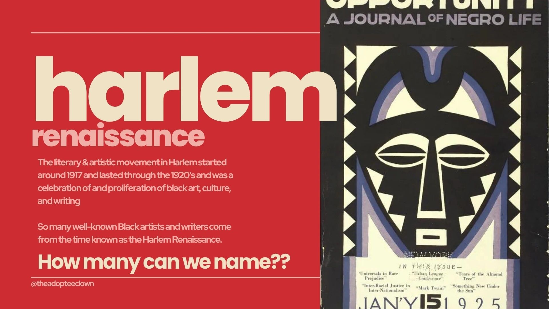 Harlem Renaissance introduction with artwork and journal cover.