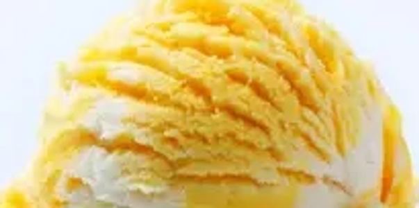 A scoop of mango and vanilla swirl ice cream.
