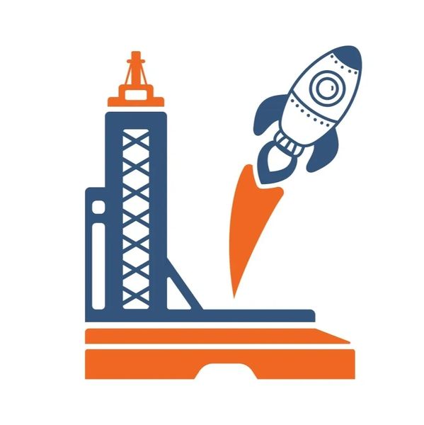 Stylized rocket launching from a launch pad in blue and orange colors.